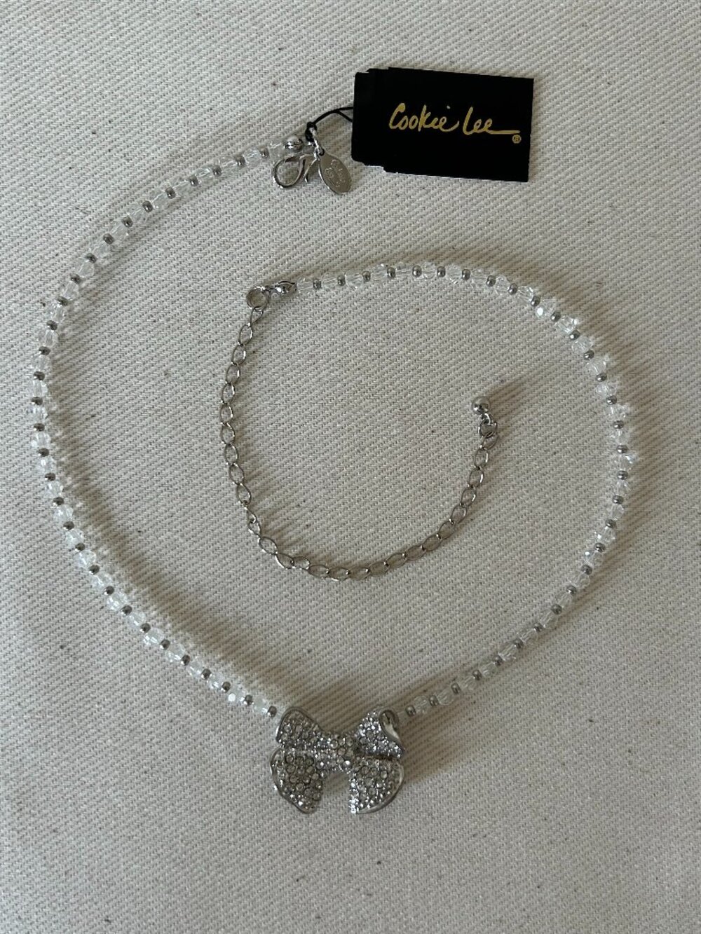 Cookie Lee Silver Rhinestone Bow Clear Bead Choker Necklace - NWT